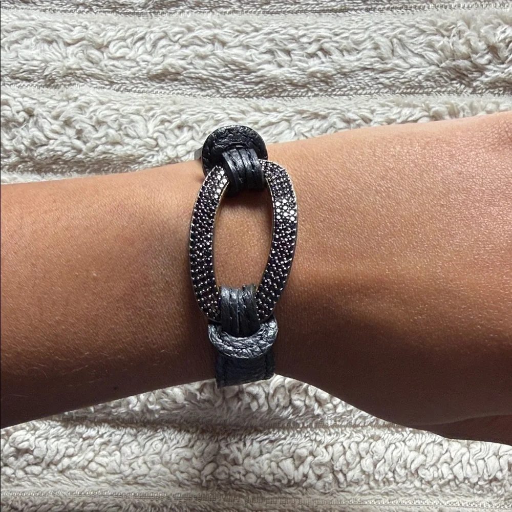 Black Leather Rope Bracelet with Oval Pavé Accent